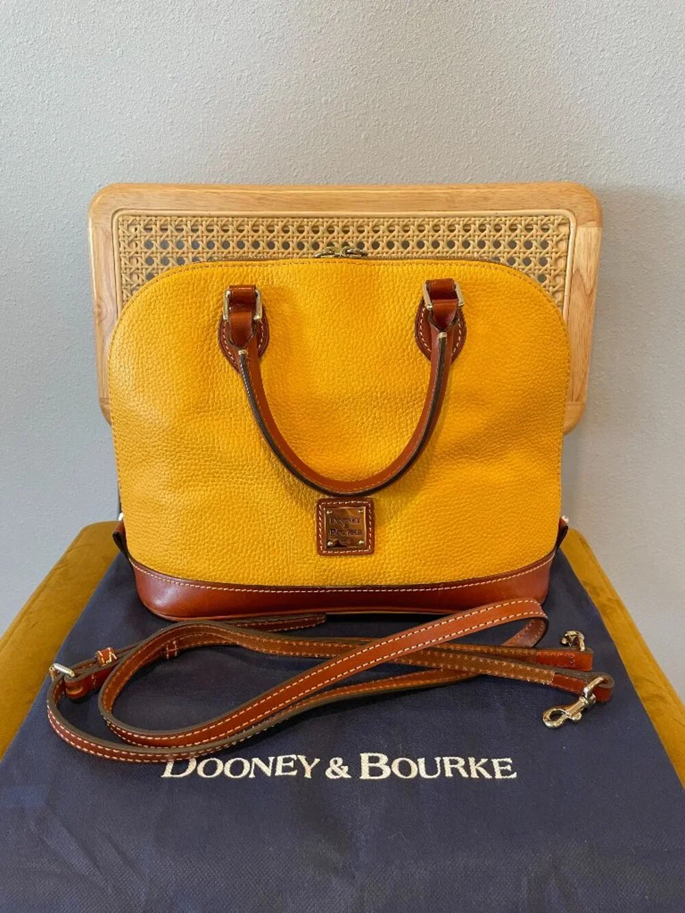 Dooney & Bourke Pebble Leather Domed Satchel Mustard Yellow